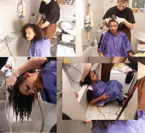 165 Lilly afro shampooing by barber Timo forward over bathtub in blue cape