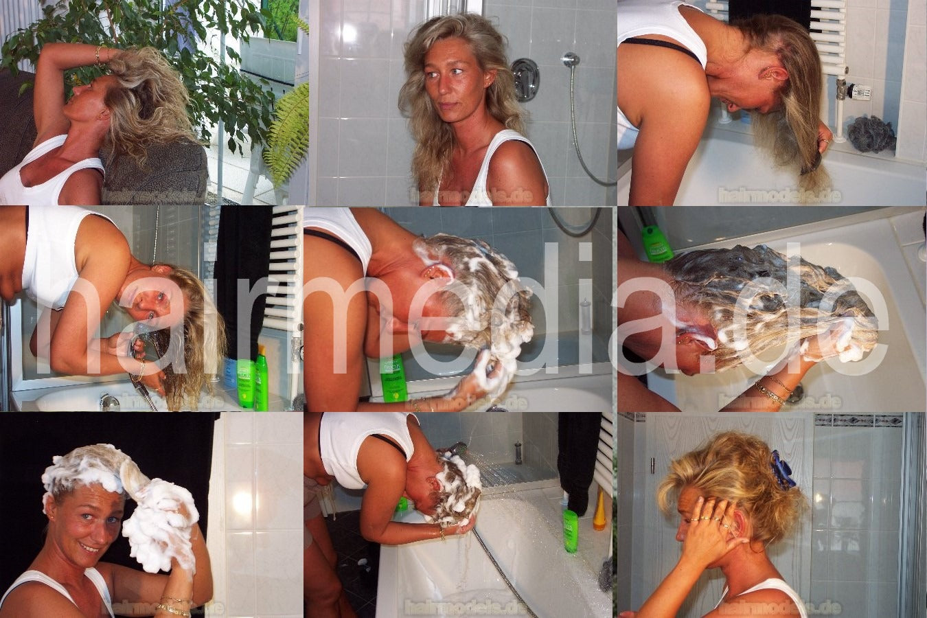 967 Sabine blonde self shampooing at home over bathtub