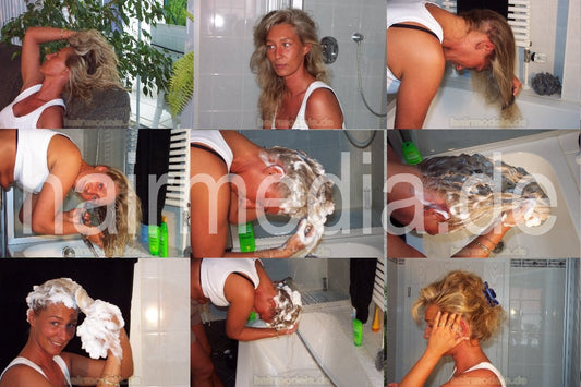 967 Sabine blonde self shampooing at home over bathtub