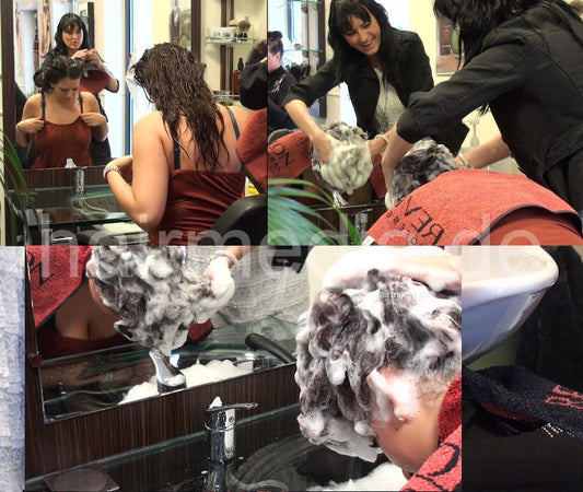 9048 18 Dutch model Floerike thick hair topless in boots forward shampooing in transparent shampoo bowl