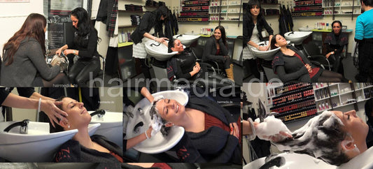 9048 15 Dutch model Floerike in boots backward shampoo in hairsalon by hairdresser SandraN