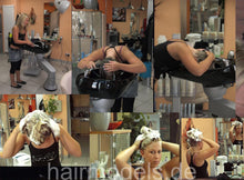 Load image into Gallery viewer, 172 JasminF barber student self shampoo in her salon forward over backward black bowl