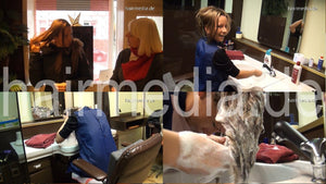8131 1 Agata barberette in RSK nylon apron  forced to self forward hairwash in salon bowl