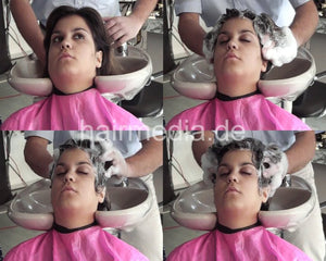 332 Sabrina teen by barber salon backward hairwash in pink PVC shampoocape