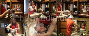 1008 Nic 1 smart barber gets this hair shampooed backward in salon by zipper apron barberette