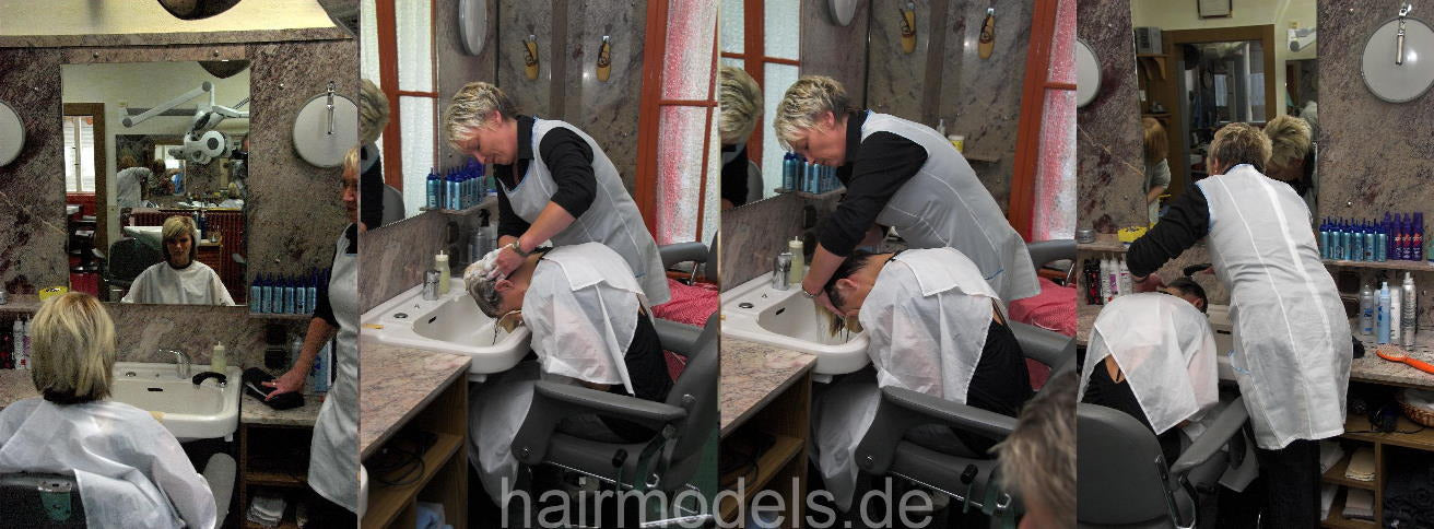 b011 Teen Jessi strong forward wash and blow by mom in white apron in vintage salon