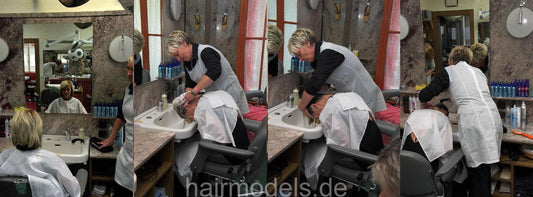 b011 Teen Jessi strong forward wash and blow by mom in white apron in vintage salon