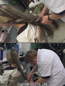 653 AlisaF in salon kimono get braids by old barber in barberapron