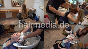 370 MichelleH long thick blonde hair by barber salon backward shampooing, watched