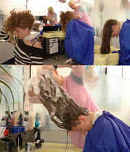 Load image into Gallery viewer, 767 Carla shampooing forward strong thickhair salon wash in large blue cape