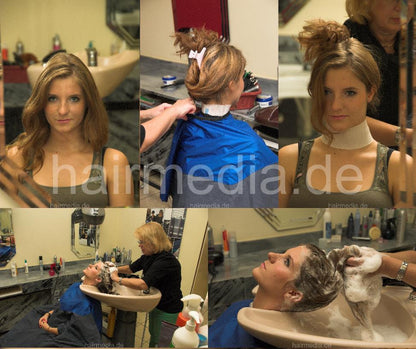 6119 SarahS wash hair by mature barberette in salon backward in Frankfurt