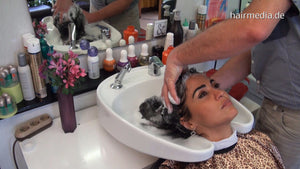 368 FatmaY by barber in tiger cape long black hair salon backward washing