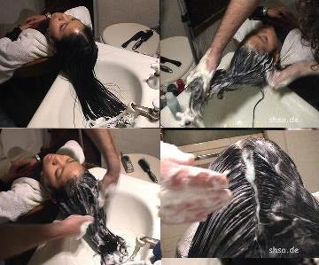 922 Asian Model backward at bathtub home shampooing by barber