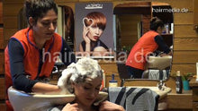 Laden Sie das Bild in den Galerie-Viewer, 9065 Romana 2 backward salon hairwash shampooing by Jemila in red nylon apron Nylonkittel