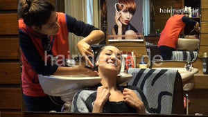 9065 Romana 2 backward salon hairwash shampooing by Jemila in red nylon apron Nylonkittel