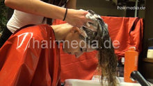 Laden Sie das Bild in den Galerie-Viewer, 361 SophiaA 2 strong forward hairwash by LauraL in heavy pvc shampoocape red vinyl