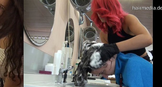 527 NicoleW thick hair by Kia redhead in gloves forward wash