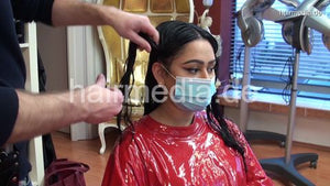 8162 Barberette Mirsada 2 trim haircut by hobbybarber in her salon red heavy vinyl cape