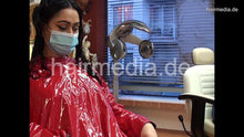 Load image into Gallery viewer, 8162 Barberette Mirsada 2 trim haircut by hobbybarber in her salon red heavy vinyl cape