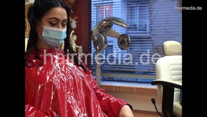 8162 Barberette Mirsada 2 trim haircut by hobbybarber in her salon red heavy vinyl cape