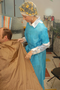 133 daily haircut in Dederon RSK apron by barberette in rollers  XXL cape