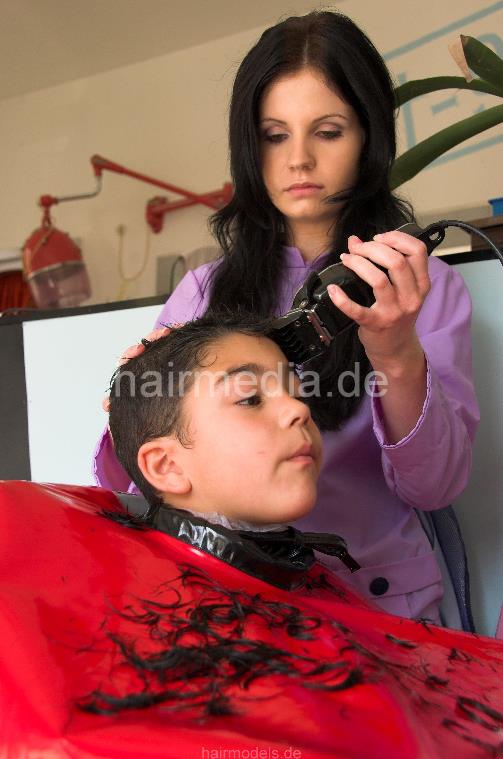 240 youngboy by NancyS forced forwardwash and buzz too short in red vinyl cape and RSK apron